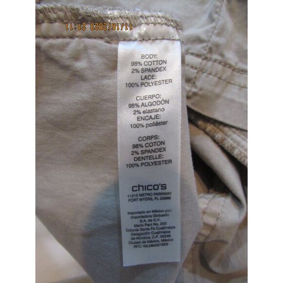 Chico's size 1 (8) tan shacket cotton lace detail safari look lagan look collar - Picture 11 of 11